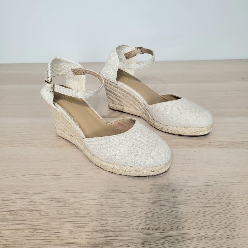 J Crew Espadrille Wedge Sandals Ankle Strap Ivory Cream Heels Jute Buckle 7.5